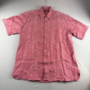Tom James Linen Shirt Mens M Red Heather Short Sleeve Button Up Preppy Casual